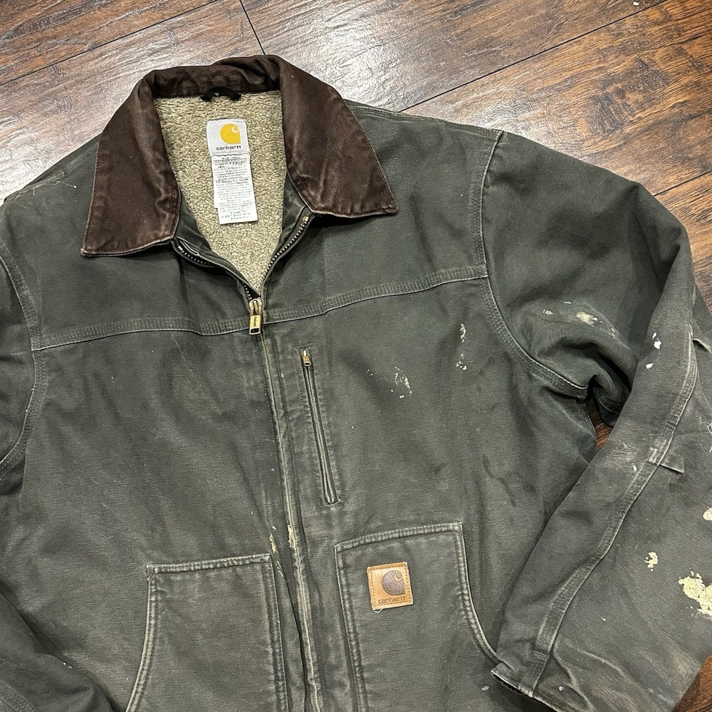 Vtg Carhartt C61 DKB Moss Green Coat Jacket Mens XL Tall Sherpa Lined